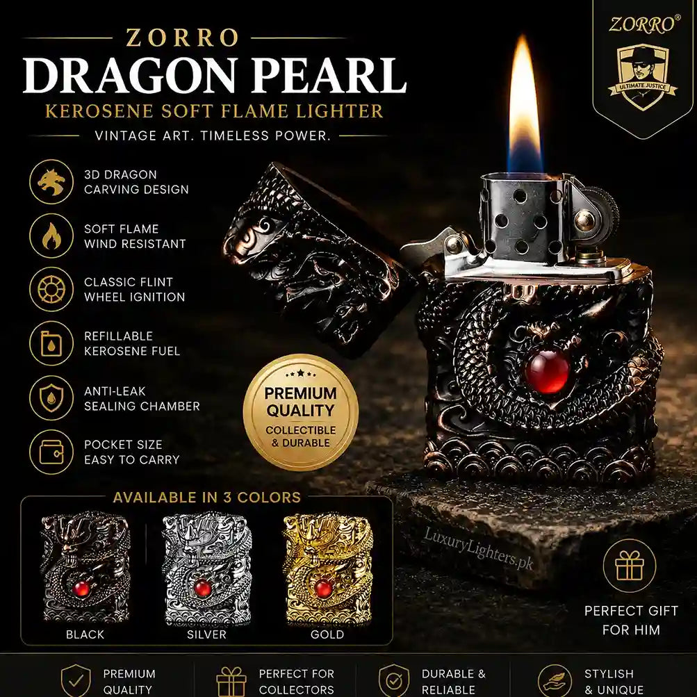 Zorro Dragon Pearl Lighter – 3D Carved Vintage Kerosene Lighter