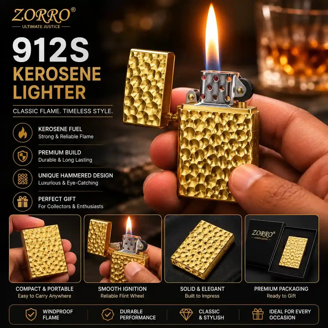 Zorro 912S Kerosene Lighter – Heavy Duty Hand-Carved Brass